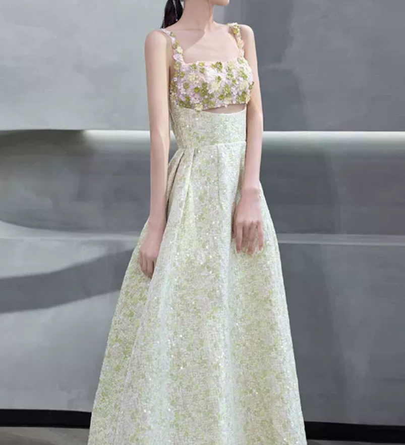 Dreamy Spaghetti Straps Green Prom Dress Sequins Appliques A-Line Evening Dress C8889