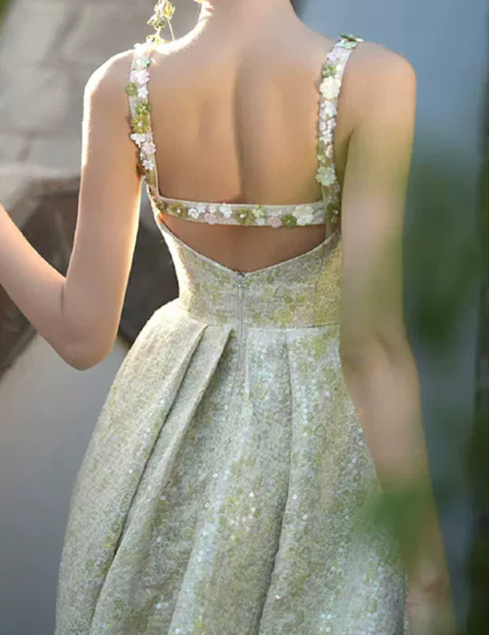 Dreamy Spaghetti Straps Green Prom Dress Sequins Appliques A-Line Evening Dress C8889