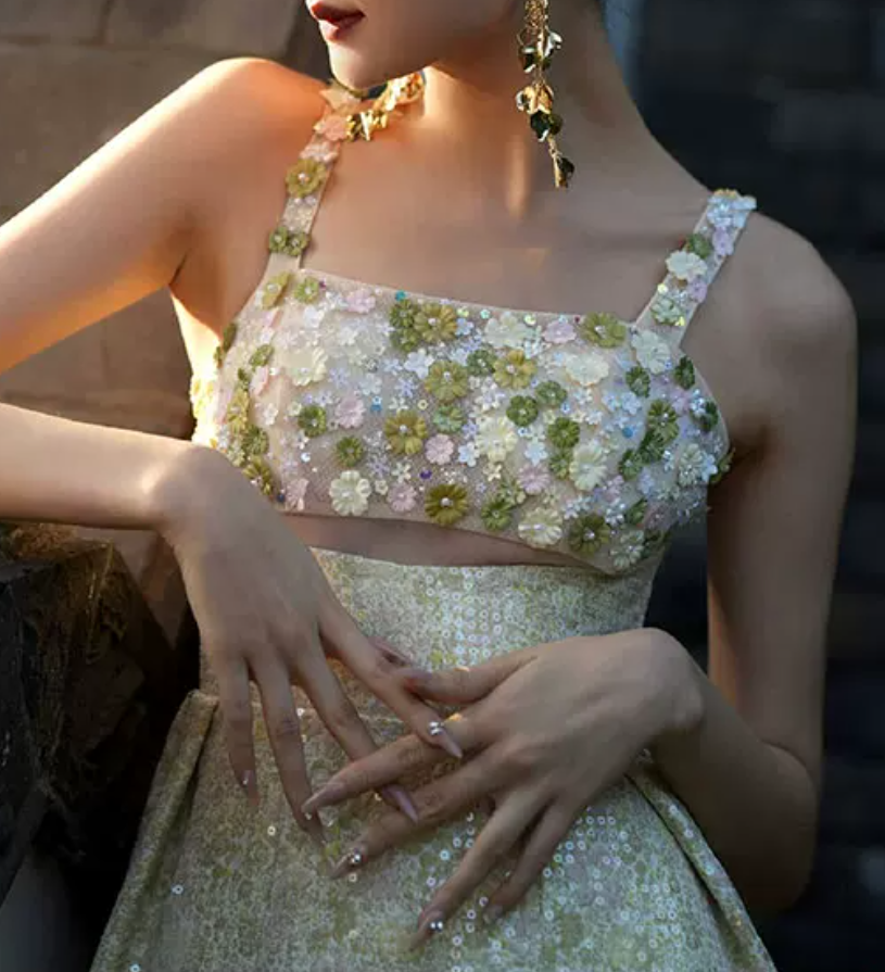 Dreamy Spaghetti Straps Green Prom Dress Sequins Appliques A-Line Evening Dress C8889