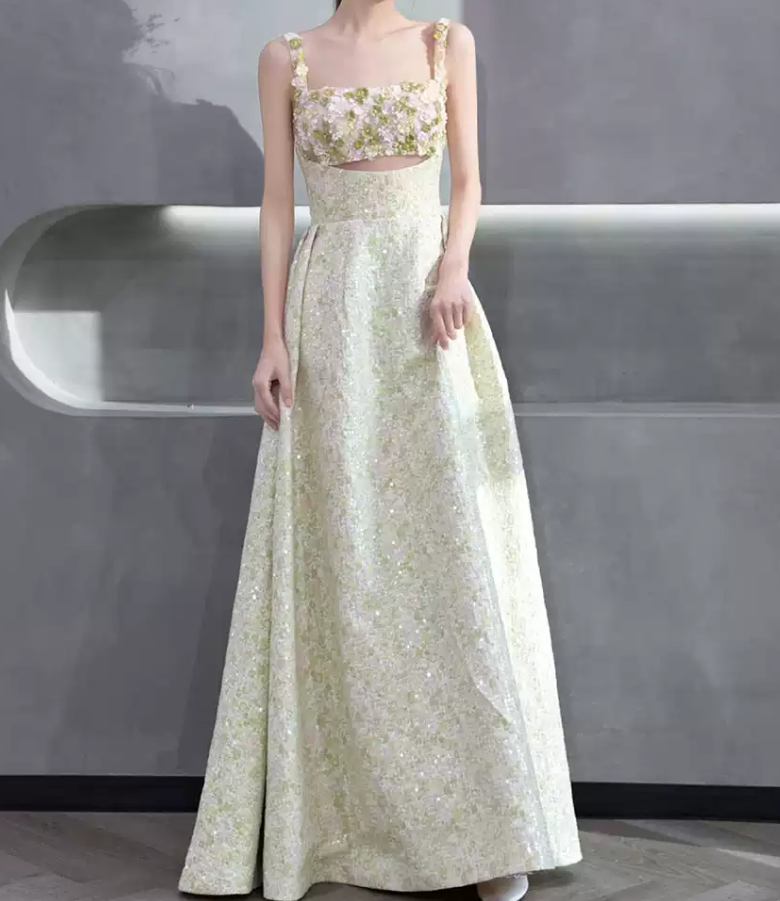 Dreamy Spaghetti Straps Green Prom Dress Sequins Appliques A-Line Evening Dress C8889