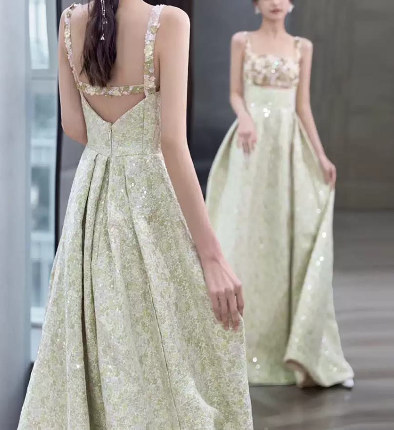 Dreamy Spaghetti Straps Green Prom Dress Sequins Appliques A-Line Evening Dress C8889