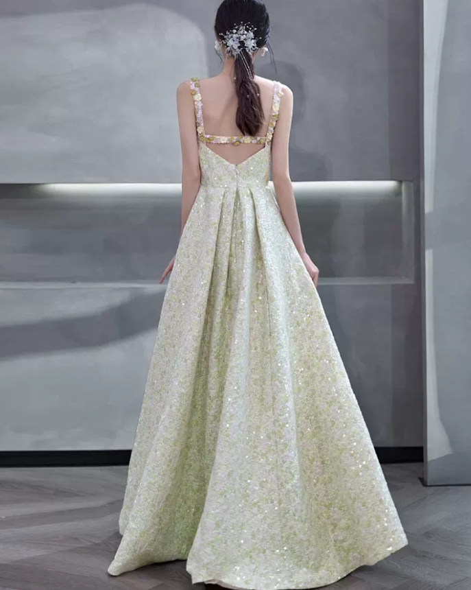 Dreamy Spaghetti Straps Green Prom Dress Sequins Appliques A-Line Evening Dress C8889