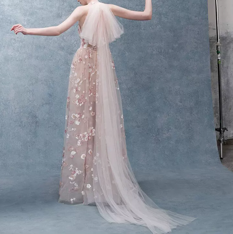 Romantic Halter Neck Pink Prom Dress Floral Sequins A-Line Evening Dress C8891