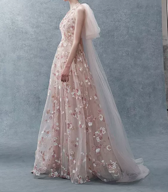 Romantic Halter Neck Pink Prom Dress Floral Sequins A-Line Evening Dress C8891