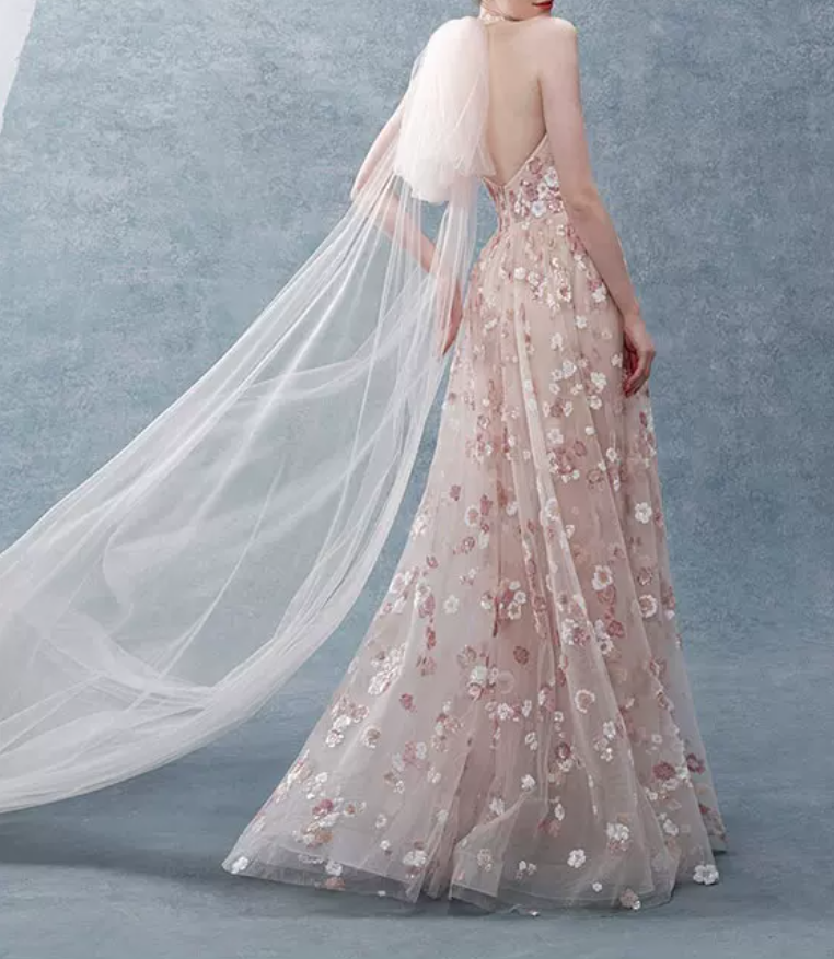 Romantic Halter Neck Pink Prom Dress Floral Sequins A-Line Evening Dress C8891