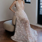 Romantic Halter Neck Pink Prom Dress Floral Sequins A-Line Evening Dress C8891