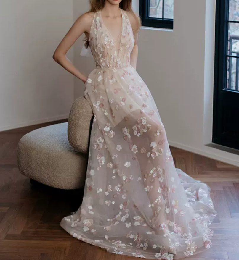 Romantic Halter Neck Pink Prom Dress Floral Sequins A-Line Evening Dress C8891