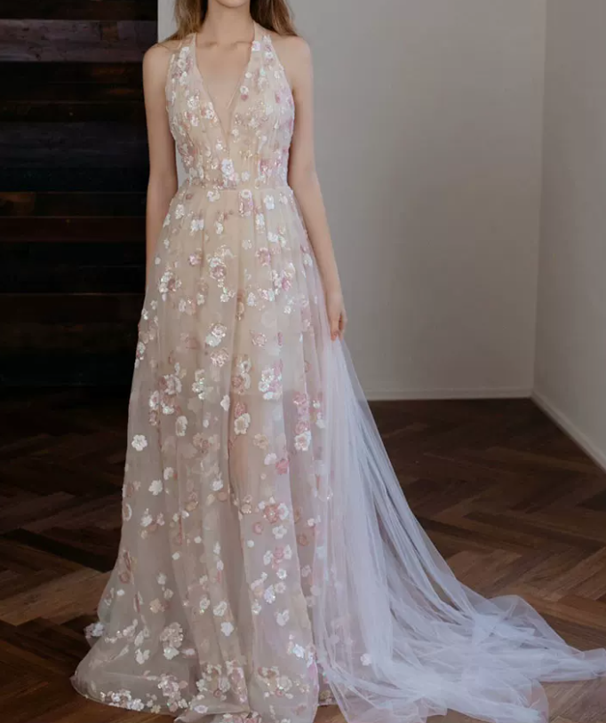 Romantic Halter Neck Pink Prom Dress Floral Sequins A-Line Evening Dress C8891