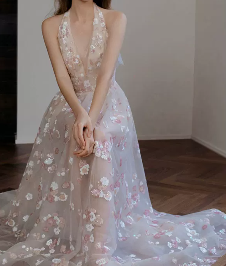 Romantic Halter Neck Pink Prom Dress Floral Sequins A-Line Evening Dress C8891