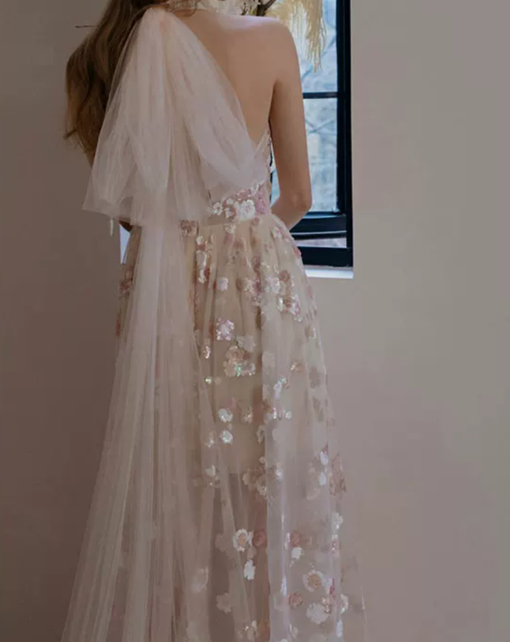 Romantic Halter Neck Pink Prom Dress Floral Sequins A-Line Evening Dress C8891