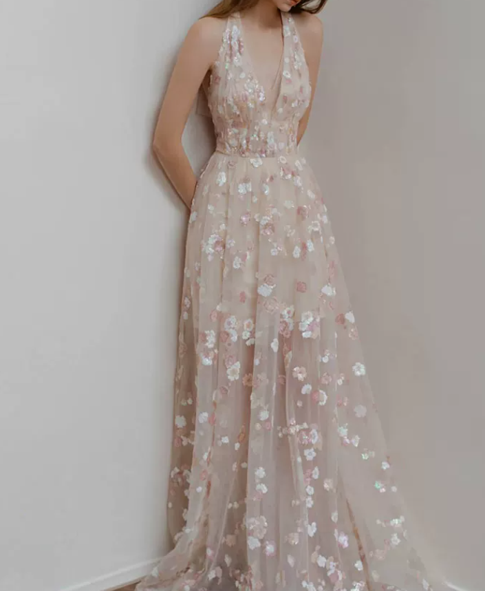 Romantic Halter Neck Pink Prom Dress Floral Sequins A-Line Evening Dress C8891