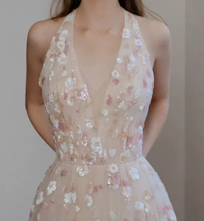 Romantic Halter Neck Pink Prom Dress Floral Sequins A-Line Evening Dress C8891