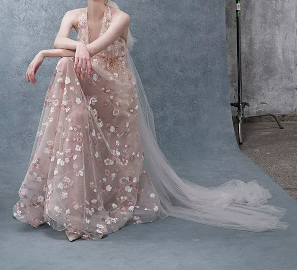 Romantic Halter Neck Pink Prom Dress Floral Sequins A-Line Evening Dress C8891
