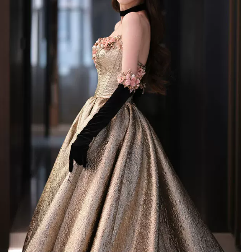 Elegant Strapless Gold Prom Dress Appliques A-Line Evening Dress C8892