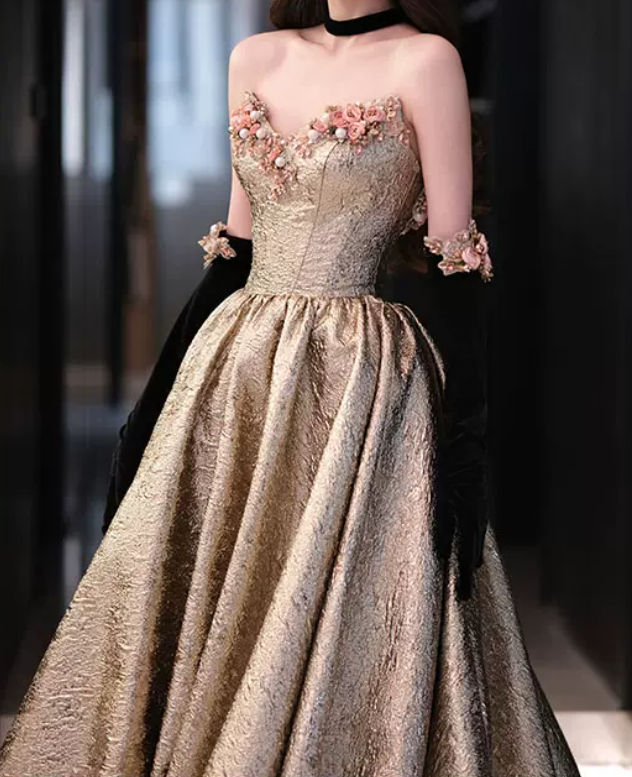 Elegant Strapless Gold Prom Dress Appliques A-Line Evening Dress C8892