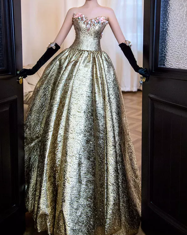 Elegant Strapless Gold Prom Dress Appliques A-Line Evening Dress C8892