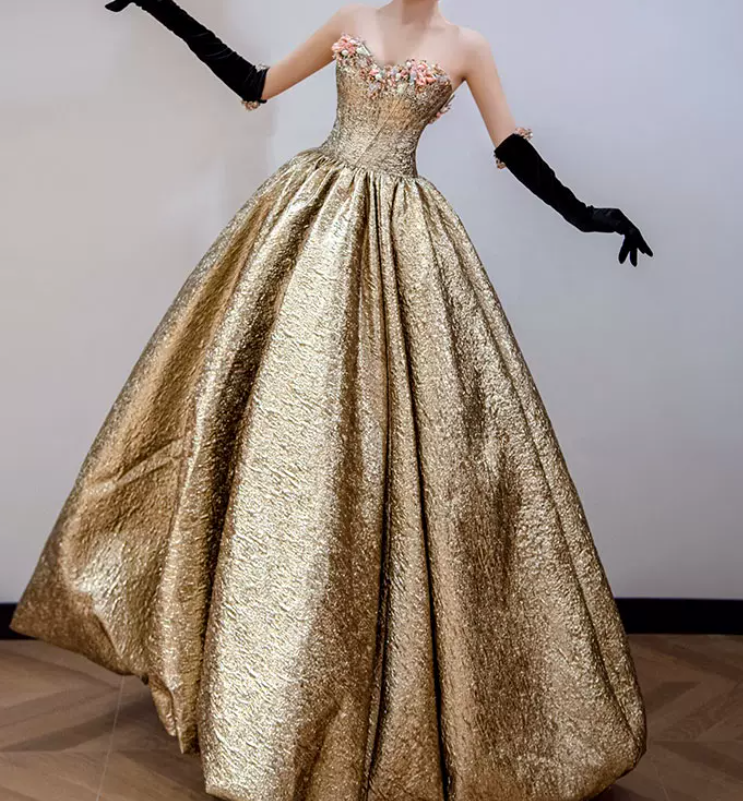 Elegant Strapless Gold Prom Dress Appliques A-Line Evening Dress C8892