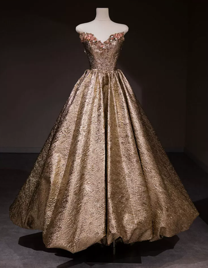 Elegant Strapless Gold Prom Dress Appliques A-Line Evening Dress C8892