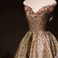 Elegant Strapless Gold Prom Dress Appliques A-Line Evening Dress C8892