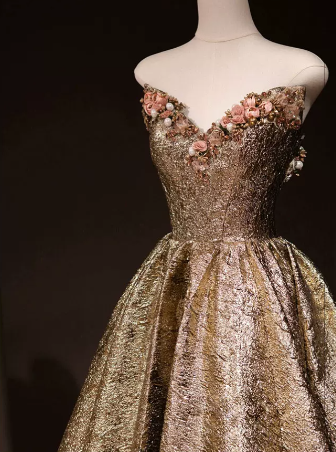 Elegant Strapless Gold Prom Dress Appliques A-Line Evening Dress C8892