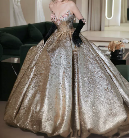 Elegant Strapless Gold Prom Dress Appliques A-Line Evening Dress C8892