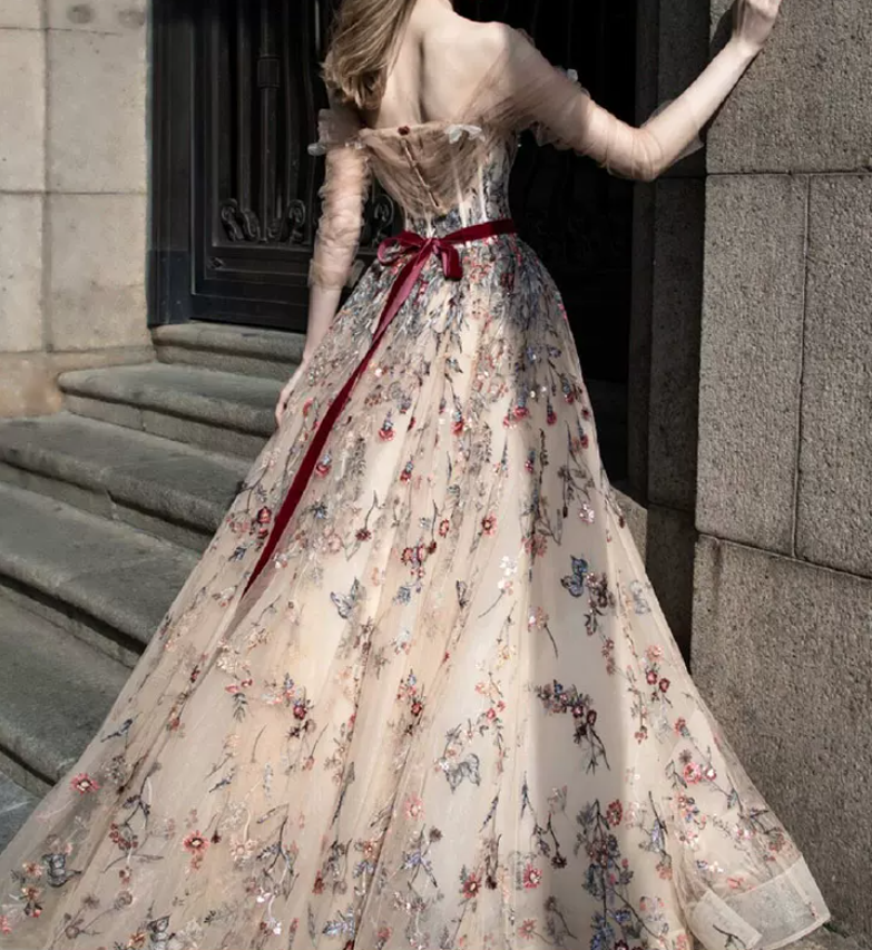 Classy Off-Shoulder Floral Prom Dress Long Sleeve Embroidered Tulle Evening Dress C8894