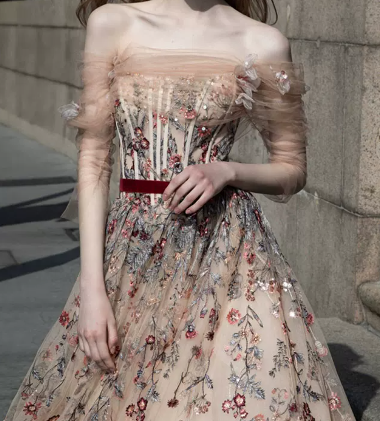 Classy Off-Shoulder Floral Prom Dress Long Sleeve Embroidered Tulle Evening Dress C8894
