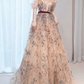 Classy Off-Shoulder Floral Prom Dress Long Sleeve Embroidered Tulle Evening Dress C8894