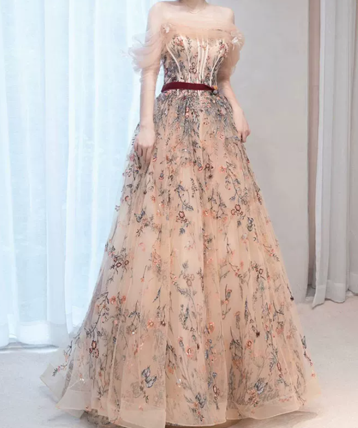 Classy Off-Shoulder Floral Prom Dress Long Sleeve Embroidered Tulle Evening Dress C8894