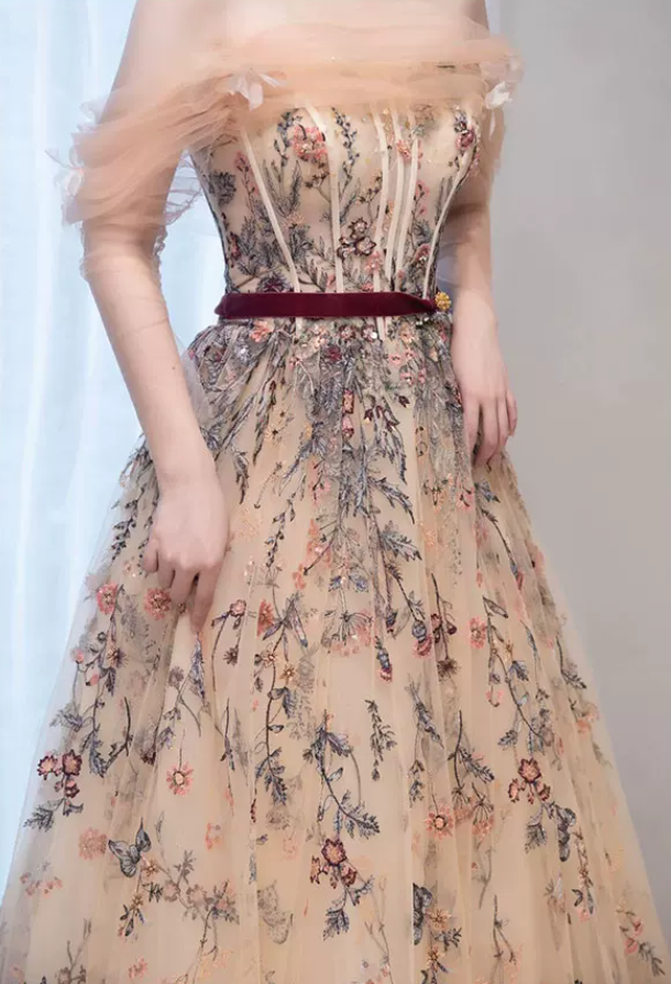 Classy Off-Shoulder Floral Prom Dress Long Sleeve Embroidered Tulle Evening Dress C8894