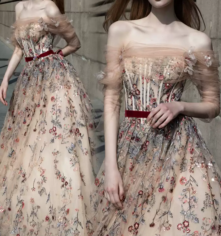 Classy Off-Shoulder Floral Prom Dress Long Sleeve Embroidered Tulle Evening Dress C8894