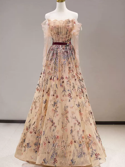 Classy Off-Shoulder Floral Prom Dress Long Sleeve Embroidered Tulle Evening Dress C8894