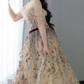Classy Off-Shoulder Floral Prom Dress Long Sleeve Embroidered Tulle Evening Dress C8894