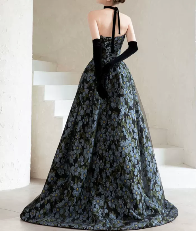 Robe de bal de princesse bustier à volants en satin long, robe de soirée C8117