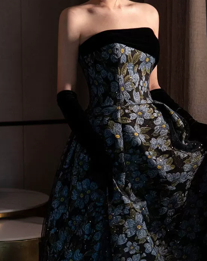 Robe de bal de princesse bustier à volants en satin long, robe de soirée C8117