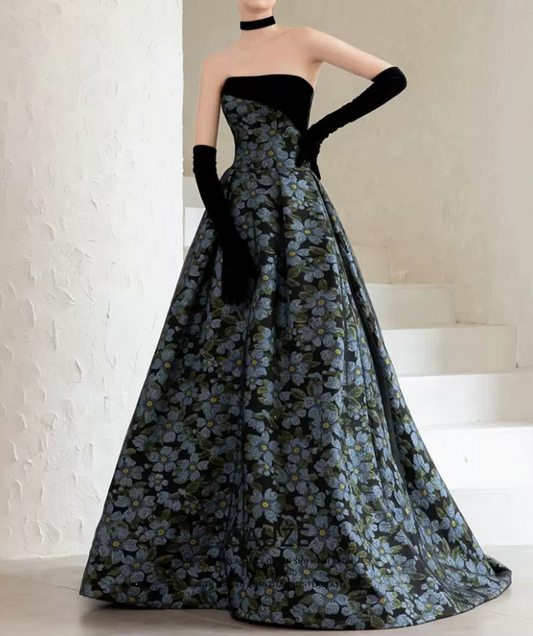 Unique Strapless Floral Prom Dress Black Tulle A-Line Evening Dress C8899