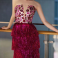 Ornate Strapless Fuchsine Prom Dress Sequins Tassel Tiered A-Line Evening Dress C8900