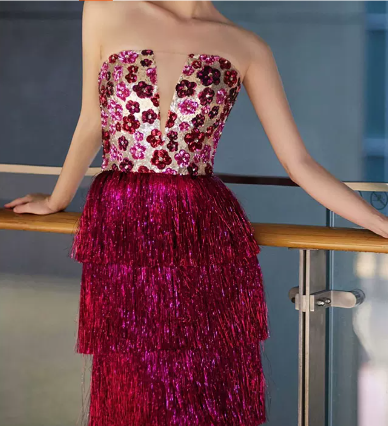 Ornate Strapless Fuchsine Prom Dress Sequins Tassel Tiered A-Line Evening Dress C8900