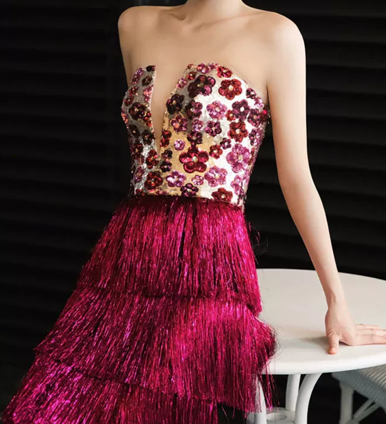 Ornate Strapless Fuchsine Prom Dress Sequins Tassel Tiered A-Line Evening Dress C8900