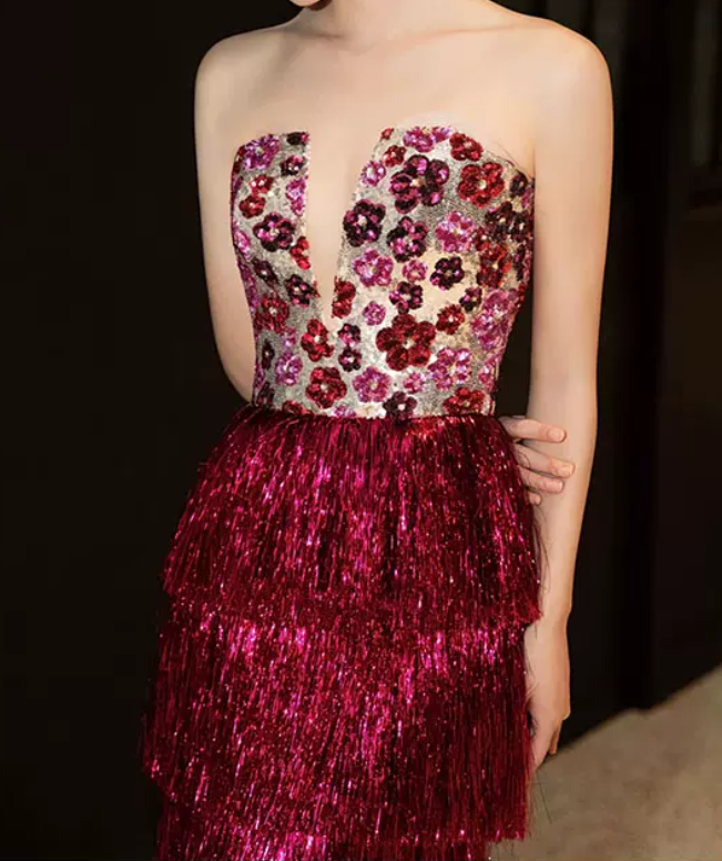 Ornate Strapless Fuchsine Prom Dress Sequins Tassel Tiered A-Line Evening Dress C8900