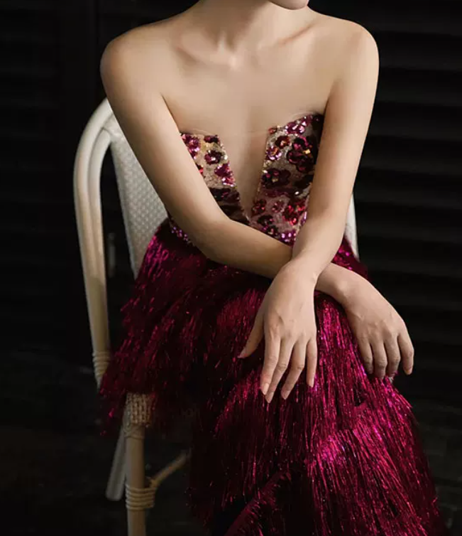 Ornate Strapless Fuchsine Prom Dress Sequins Tassel Tiered A-Line Evening Dress C8900