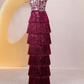 Ornate Strapless Fuchsine Prom Dress Sequins Tassel Tiered A-Line Evening Dress C8900