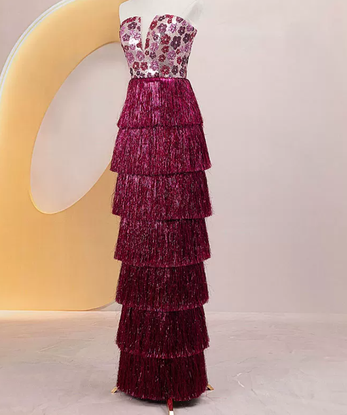 Ornate Strapless Fuchsine Prom Dress Sequins Tassel Tiered A-Line Evening Dress C8900