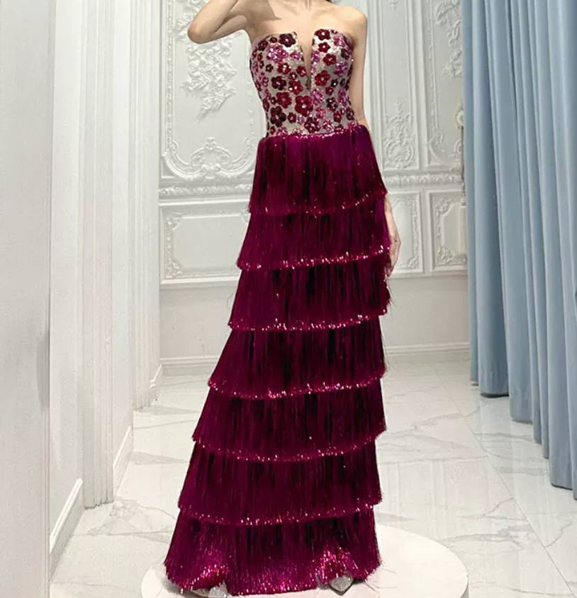 Ornate Strapless Fuchsine Prom Dress Sequins Tassel Tiered A-Line Evening Dress C8900