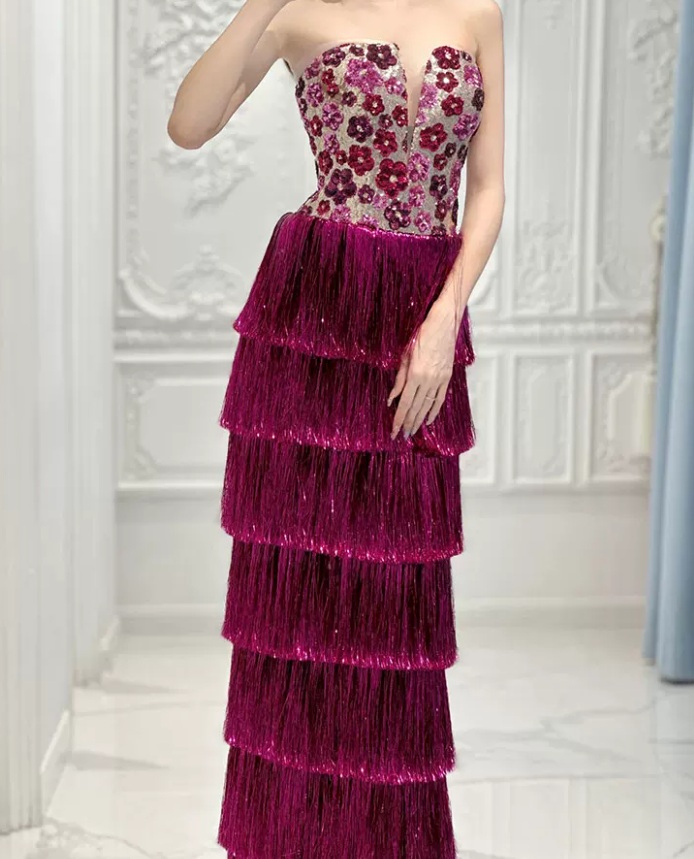 Ornate Strapless Fuchsine Prom Dress Sequins Tassel Tiered A-Line Evening Dress C8900