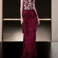 Ornate Strapless Fuchsine Prom Dress Sequins Tassel Tiered A-Line Evening Dress C8900