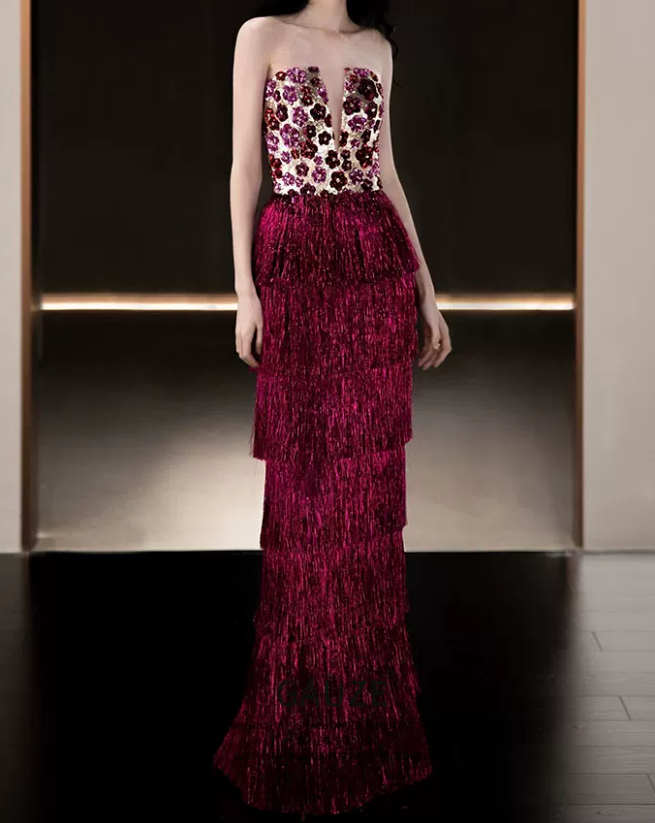 Ornate Strapless Fuchsine Prom Dress Sequins Tassel Tiered A-Line Evening Dress C8900