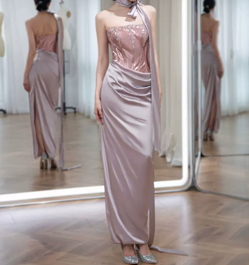 Sleek Strapless Purple Prom Dress Sequins Satin Sheath Evening Dress C8902