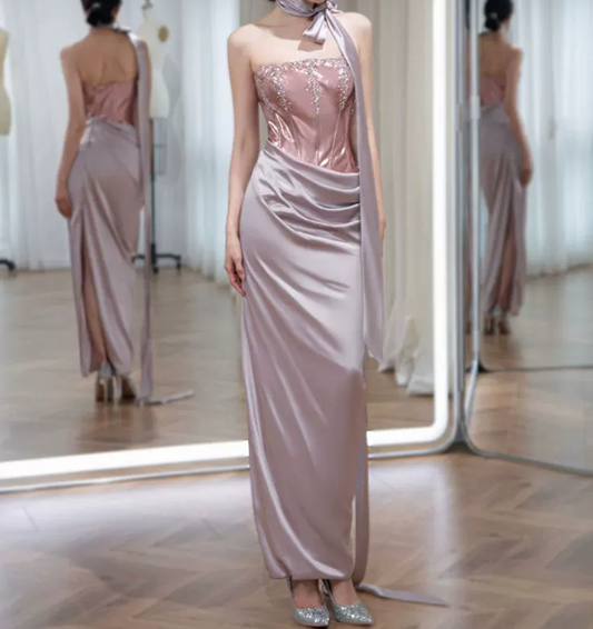 Sleek Strapless Purple Prom Dress Sequins Satin Sheath Evening Dress C8902