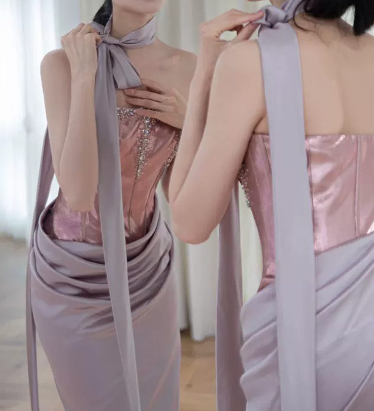 Sleek Strapless Purple Prom Dress Sequins Satin Sheath Evening Dress C8902